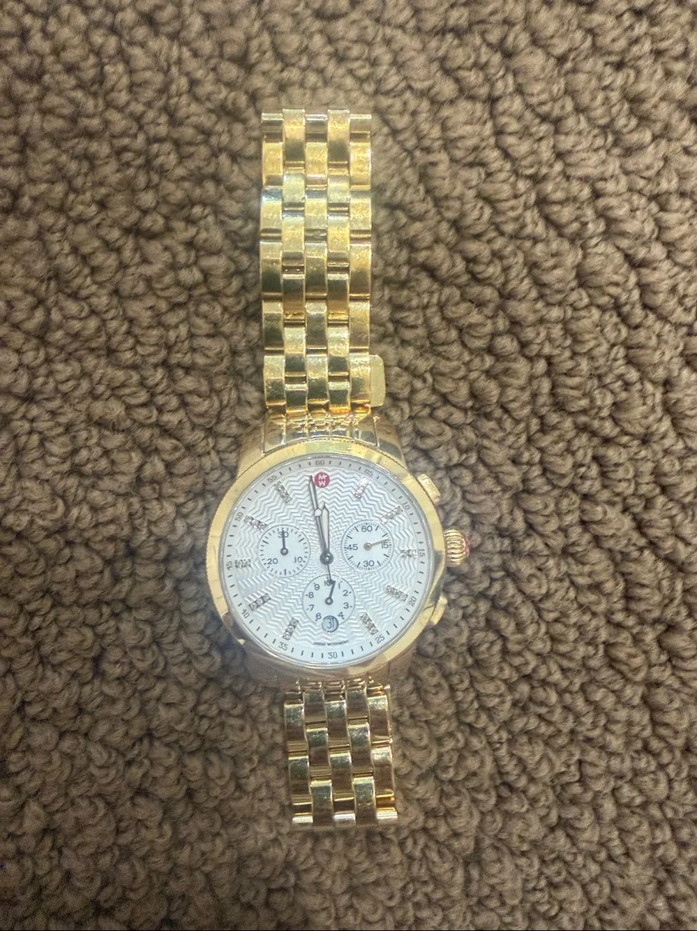 Michele Gold and White Chronograph Bracelet Watch with diamonds